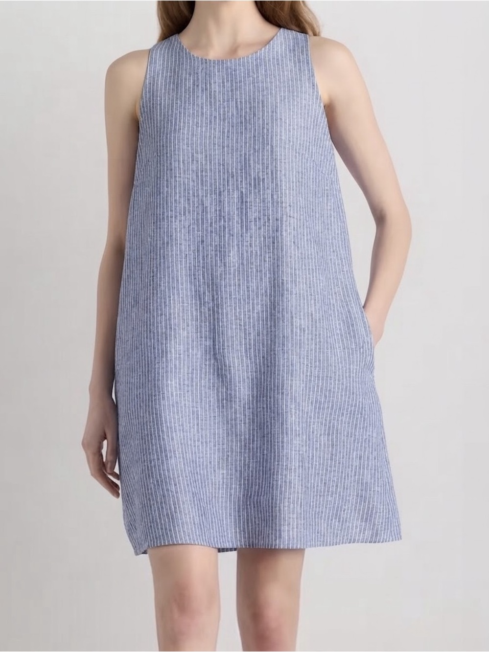 Quince 100% European Linen Tank Mini Dress Blue Pinstripe Size Large
